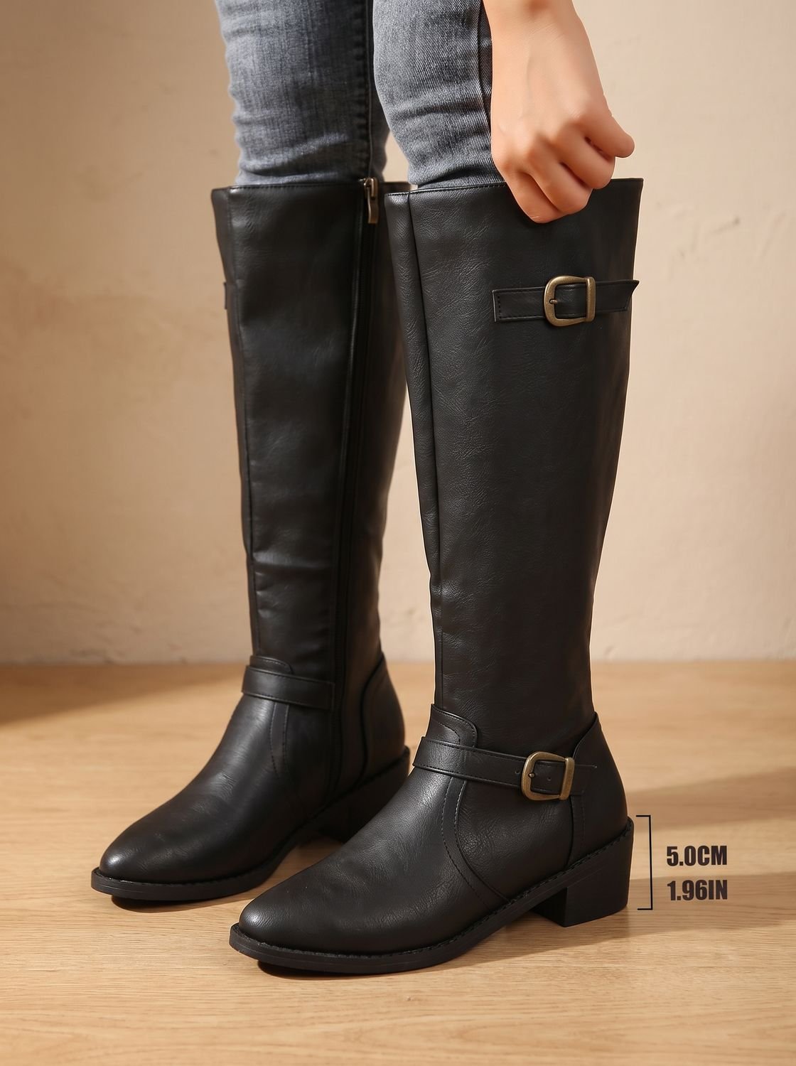 Women's Knee-High Riding Boots with Antique Buckle Straps