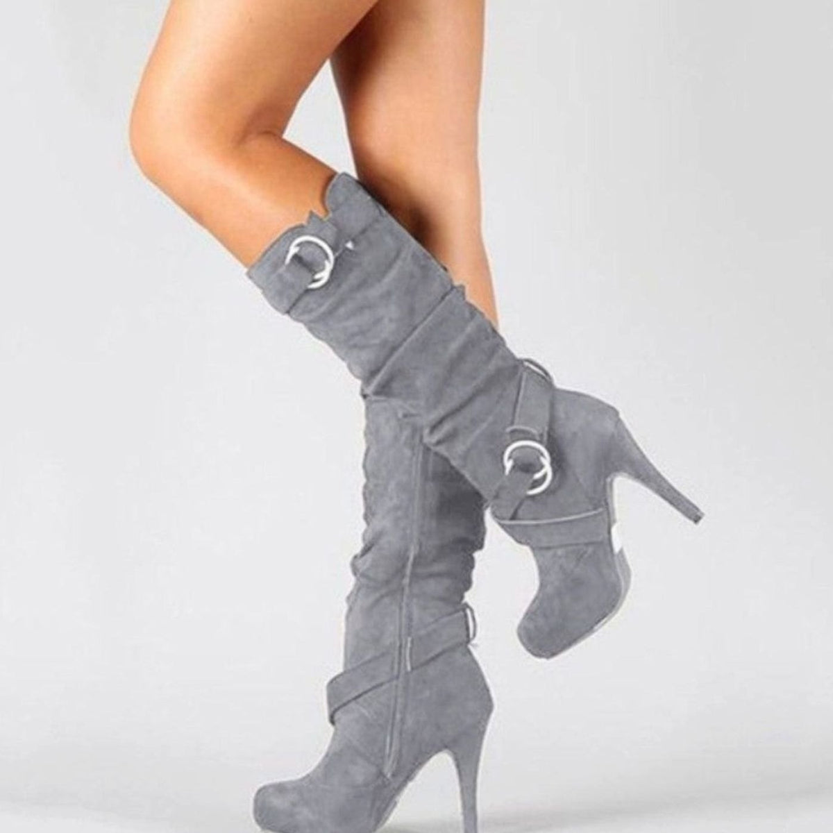 Women's Knee-High Stiletto Heel Suede Boots - Black