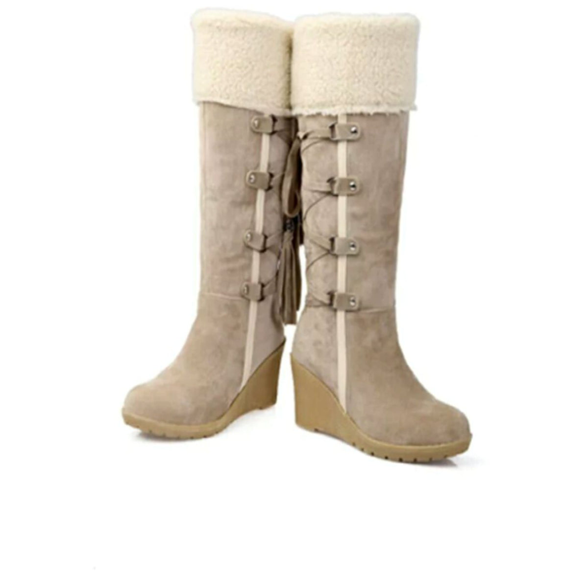 Women's Knee-High Wedge Winter Boots - Black