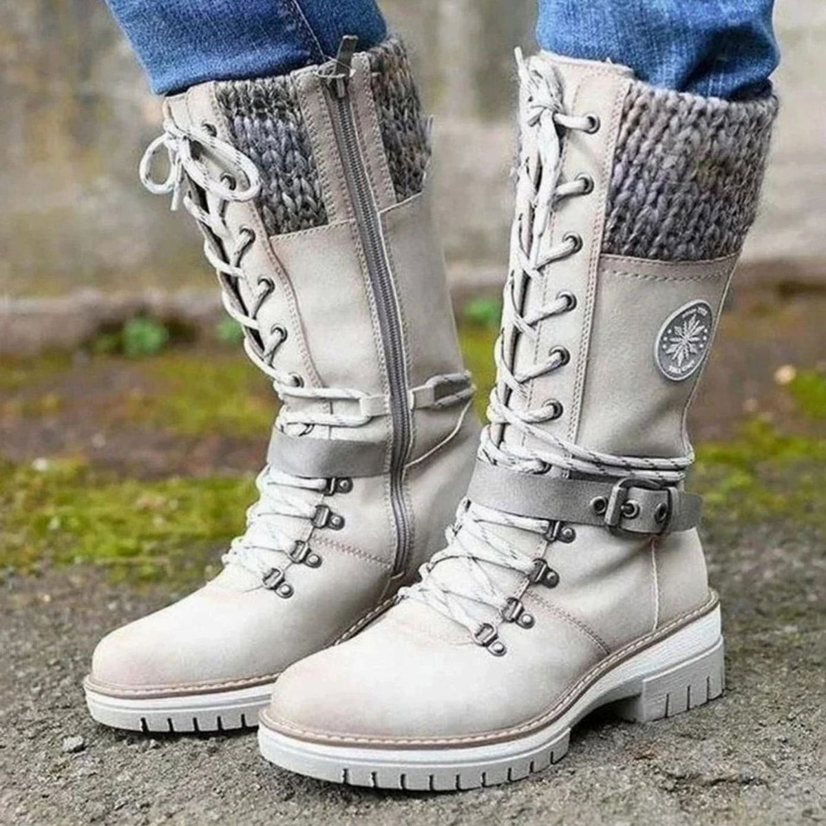 Women's Knit-Cuff Lace-Up Mid-Calf Winter Boots - White