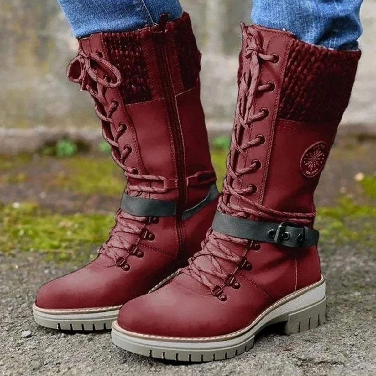 Women's Knit-Cuff Lace-Up Mid-Calf Winter Boots - Red