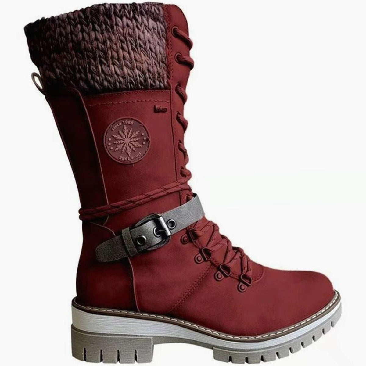 Women's Knit-Cuff Lace-Up Mid-Calf Winter Boots - Black