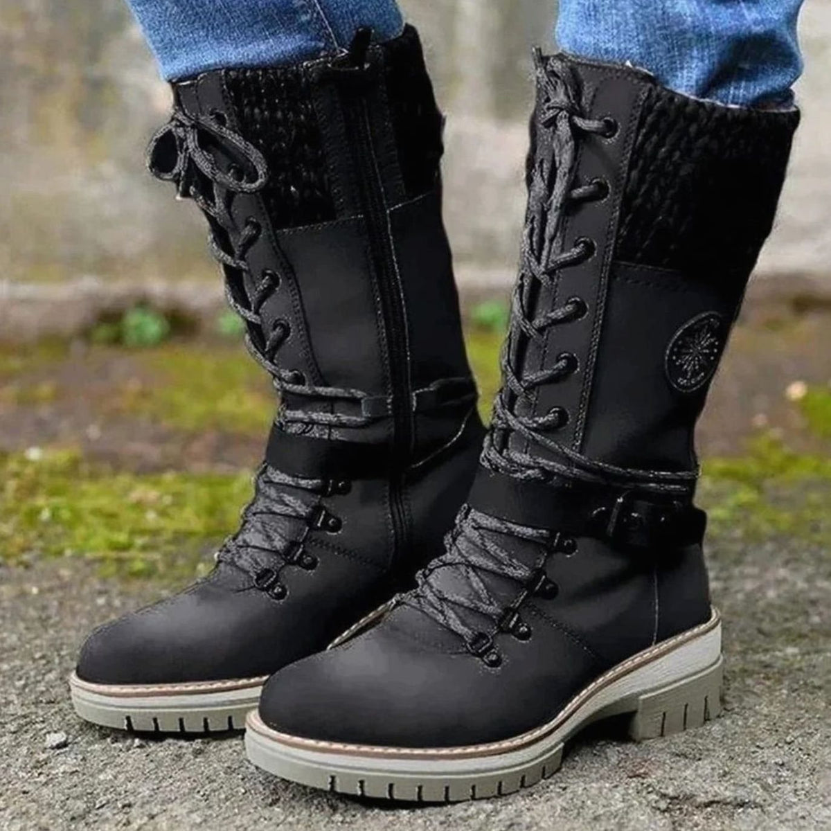 Women's Knit-Cuff Lace-Up Mid-Calf Winter Boots - Brown