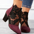 Women's Floral Lace Embroidered Block Heel Boots - Red