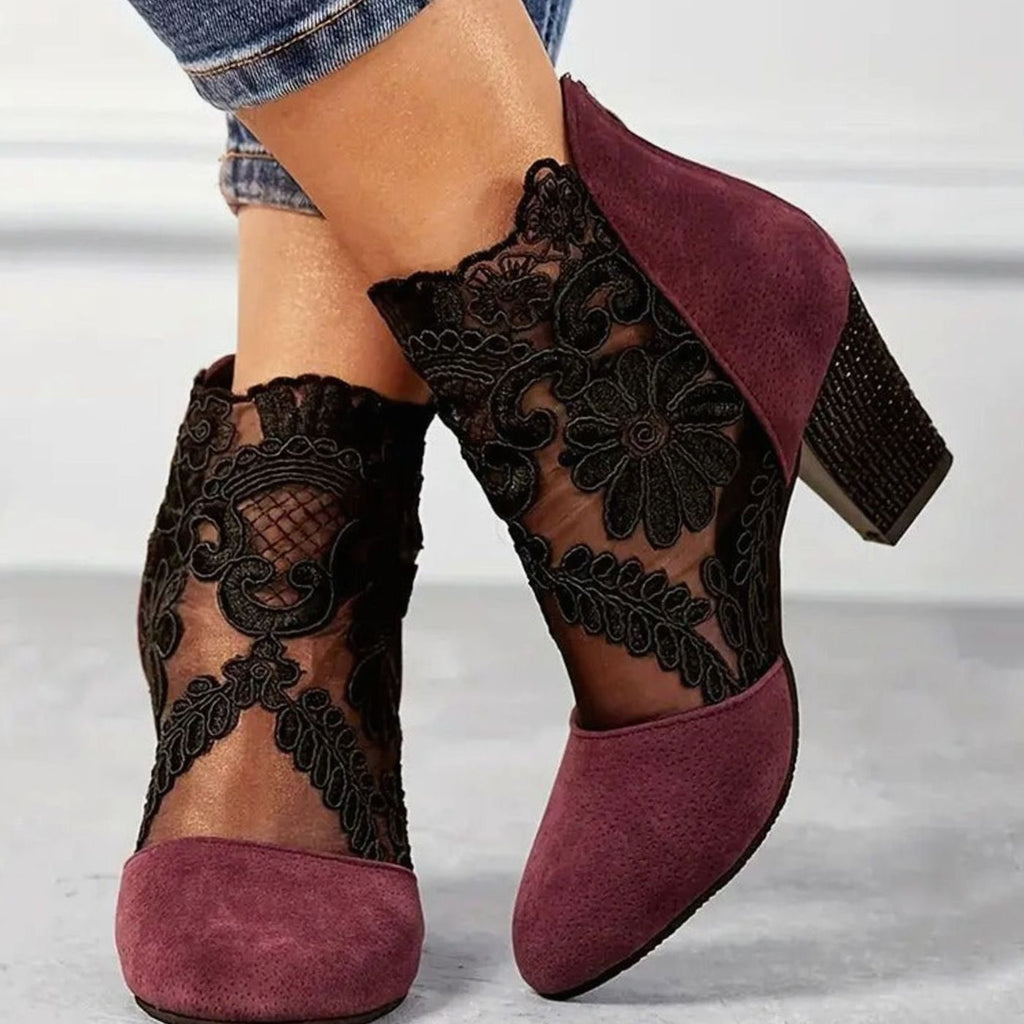 Women's Floral Lace Embroidered Block Heel Boots - Black