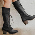 Women's Eyelet-Lace Faux Leather Knee-High Boots - Black
