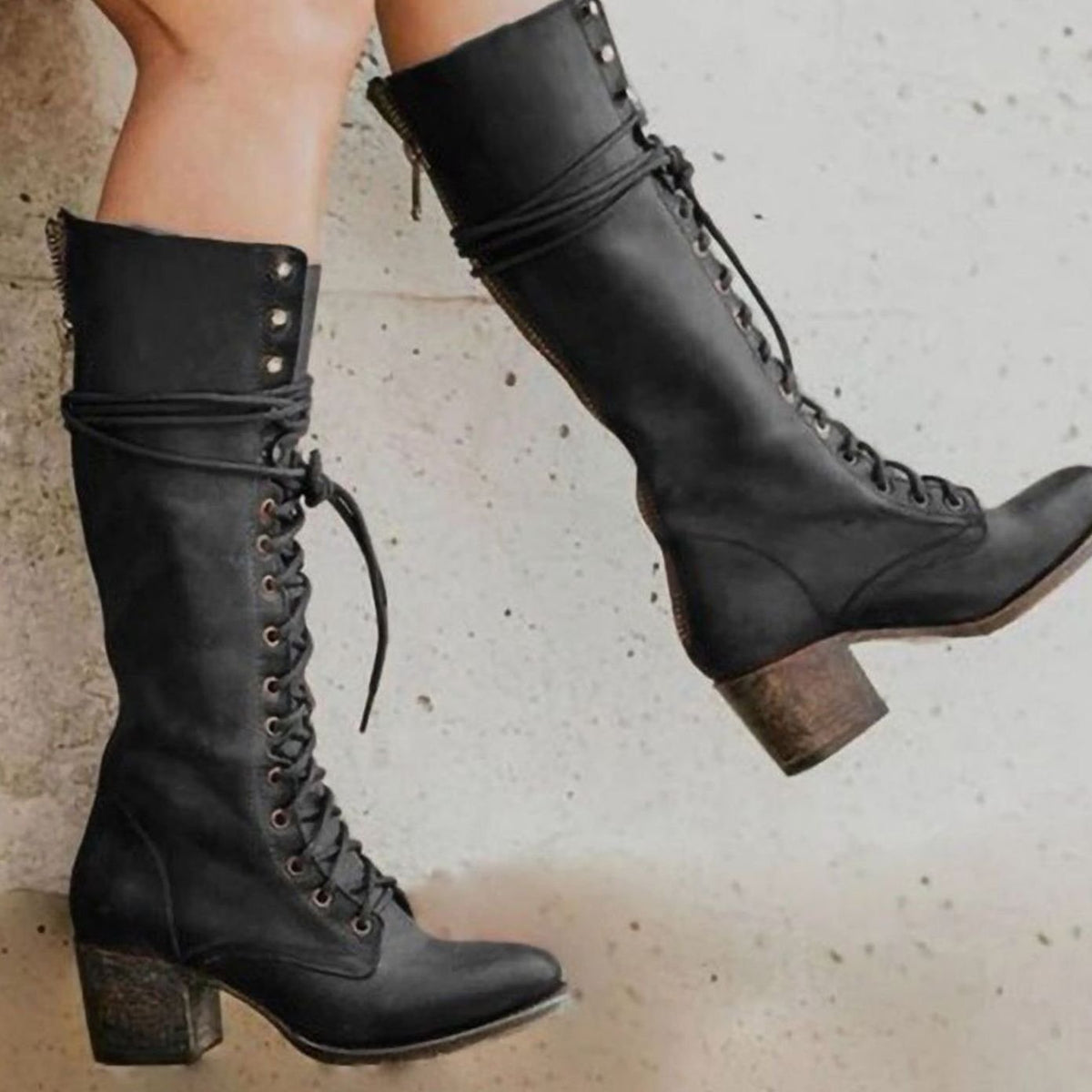 Women's Eyelet-Lace Faux Leather Knee-High Boots - Black