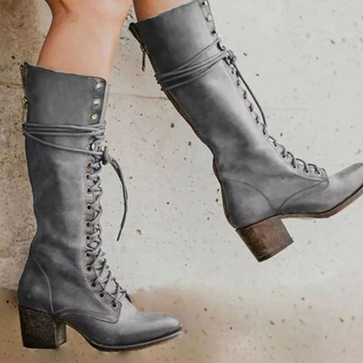 Women's Eyelet-Lace Faux Leather Knee-High Boots - Gray