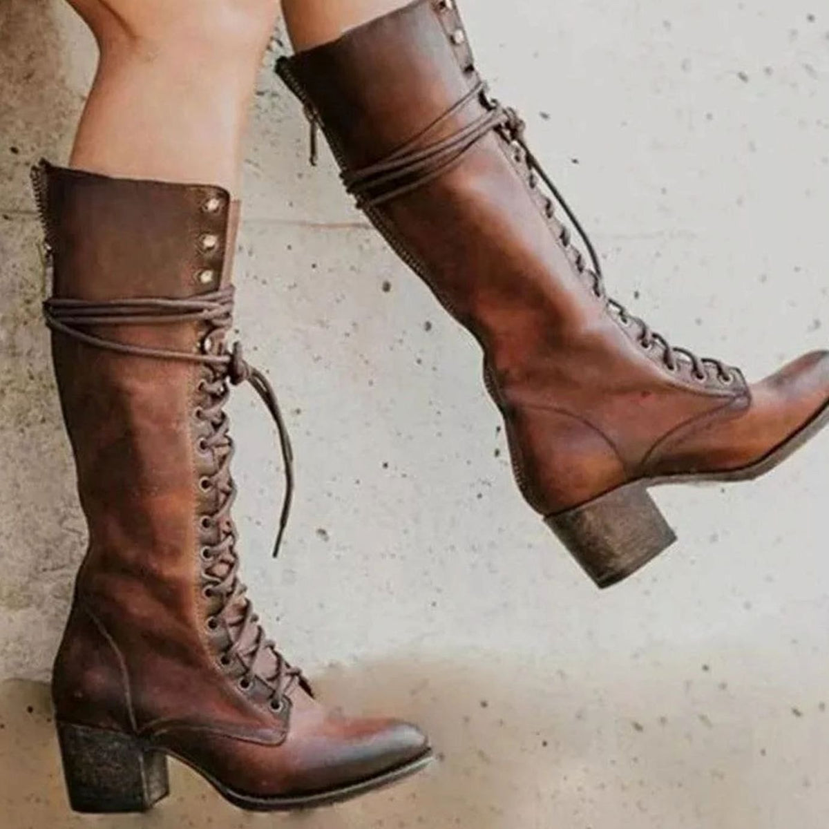 Women's Eyelet-Lace Faux Leather Knee-High Boots - Brown