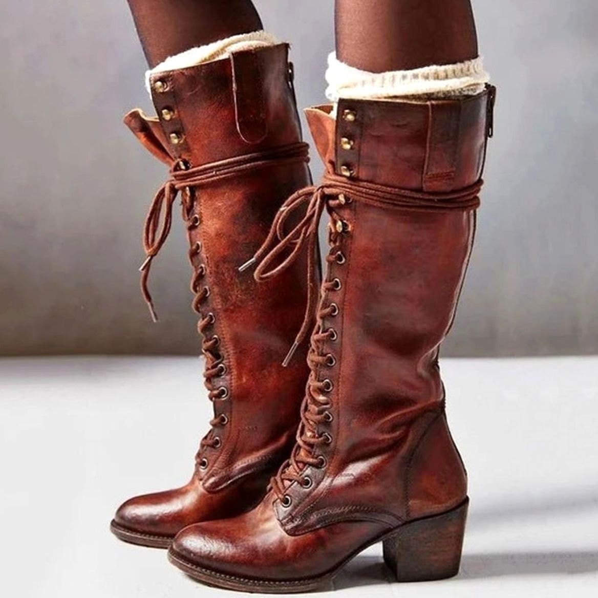 Women's Eyelet-Lace Faux Leather Knee-High Boots - Red Brown