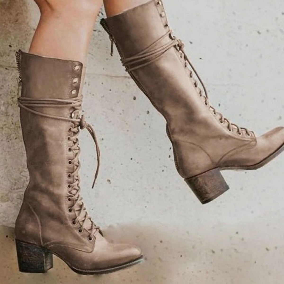 Women's Eyelet-Lace Faux Leather Knee-High Boots - Khaki