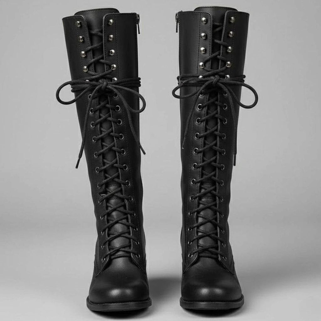 Women's Lace-Up Studded Knee-High Boots - Black
