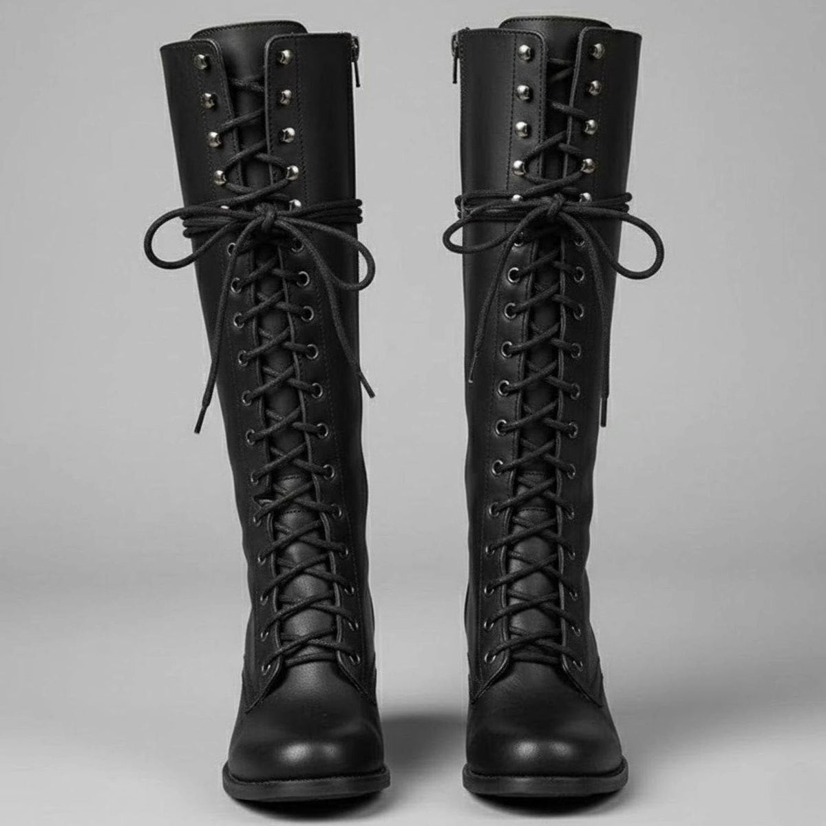 Women's Lace-Up Studded Knee-High Boots - Black