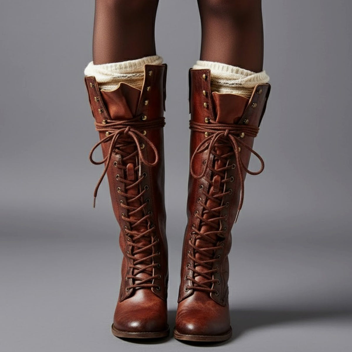 Women's Lace-Up Studded Knee-High Boots