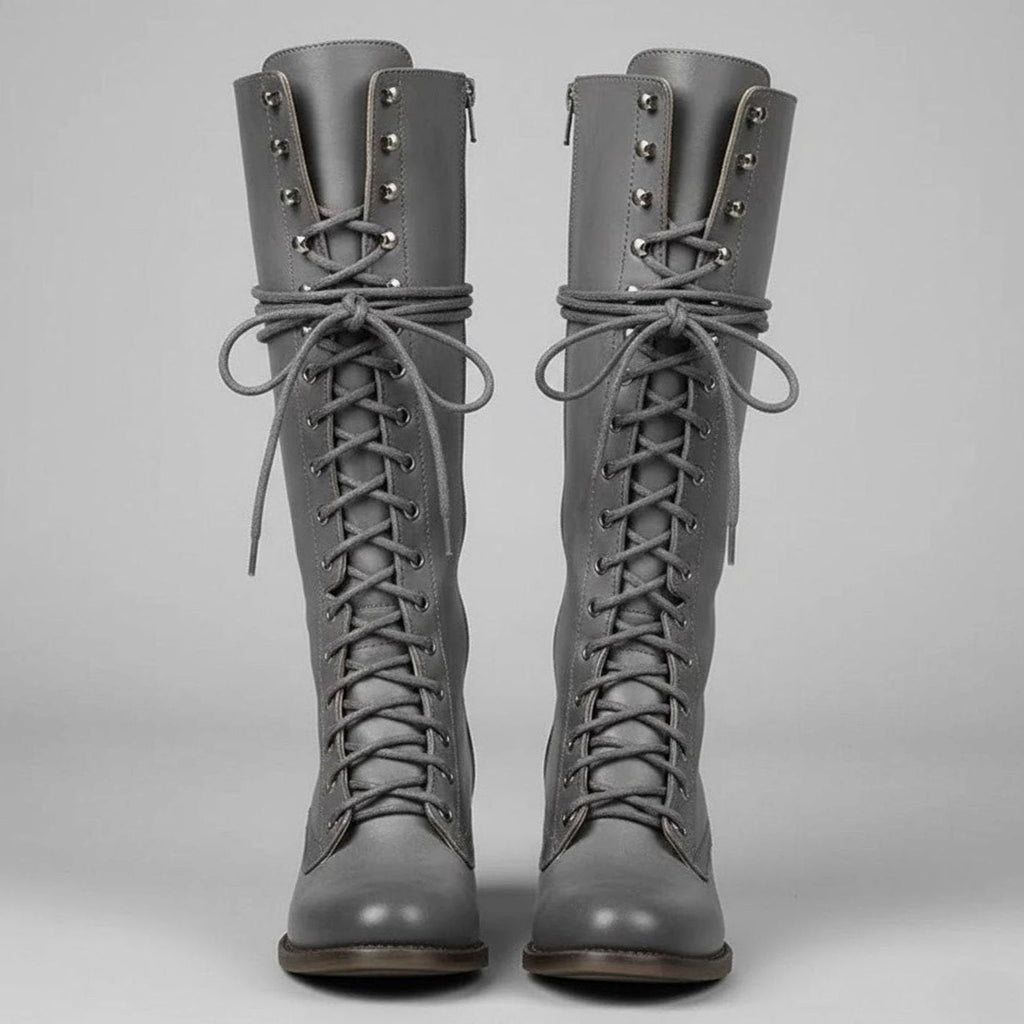 Women's Lace-Up Studded Knee-High Boots - Brown