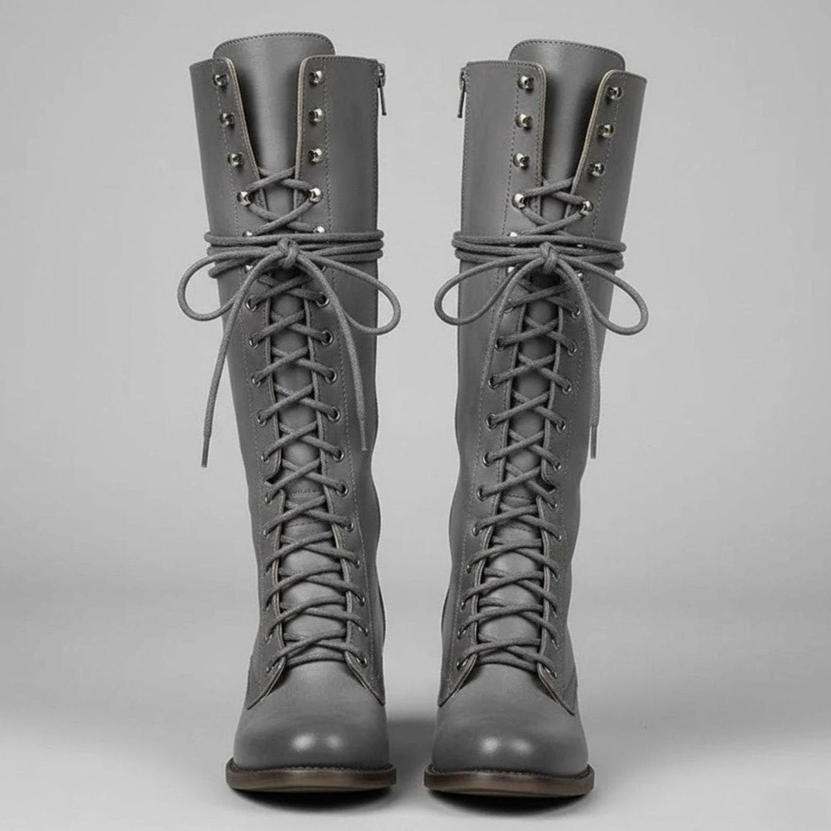 Women's Lace-Up Studded Knee-High Boots - Brown