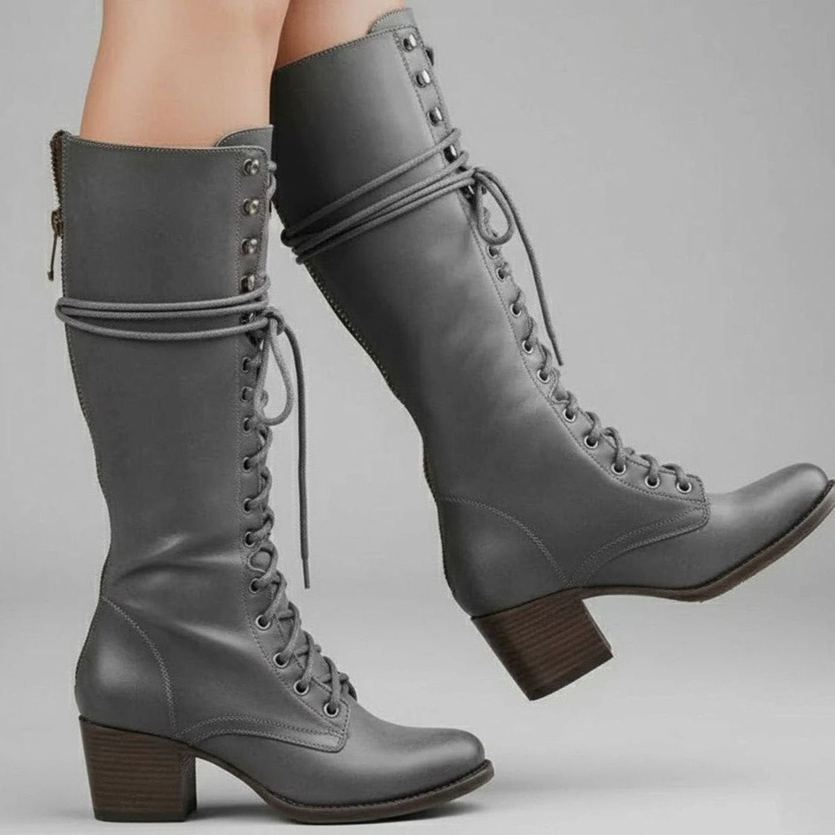 Women's Lace-Up Studded Knee-High Boots - Khaki