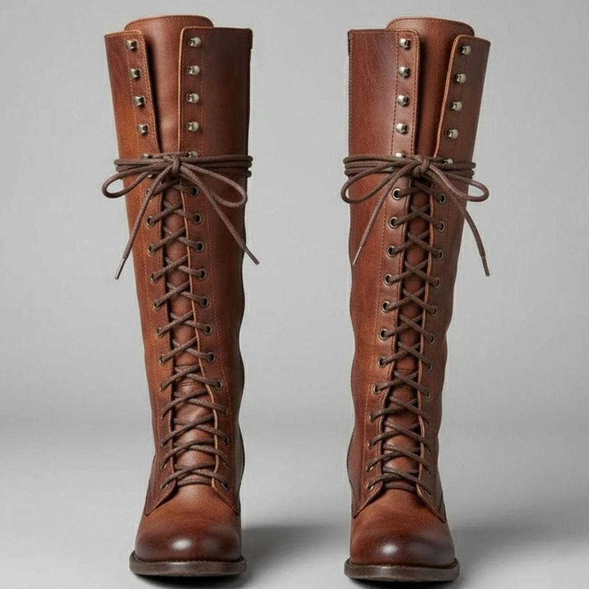 Women's Lace-Up Studded Knee-High Boots - Red Brown