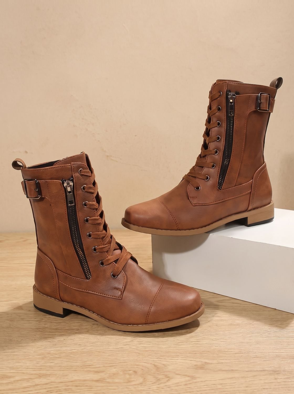 Women's Round-Toe Side-Zip Mid-Calf Combat Boots - Black