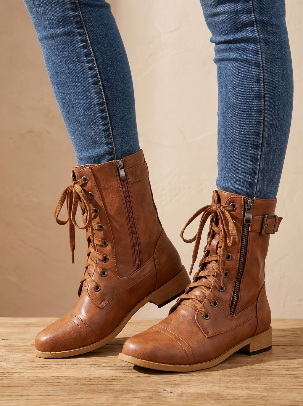 Women's Round-Toe Side-Zip Mid-Calf Combat Boots