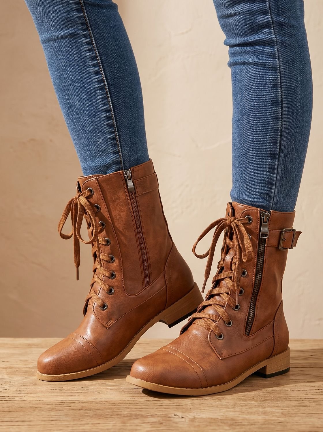 Women's Round-Toe Side-Zip Mid-Calf Combat Boots