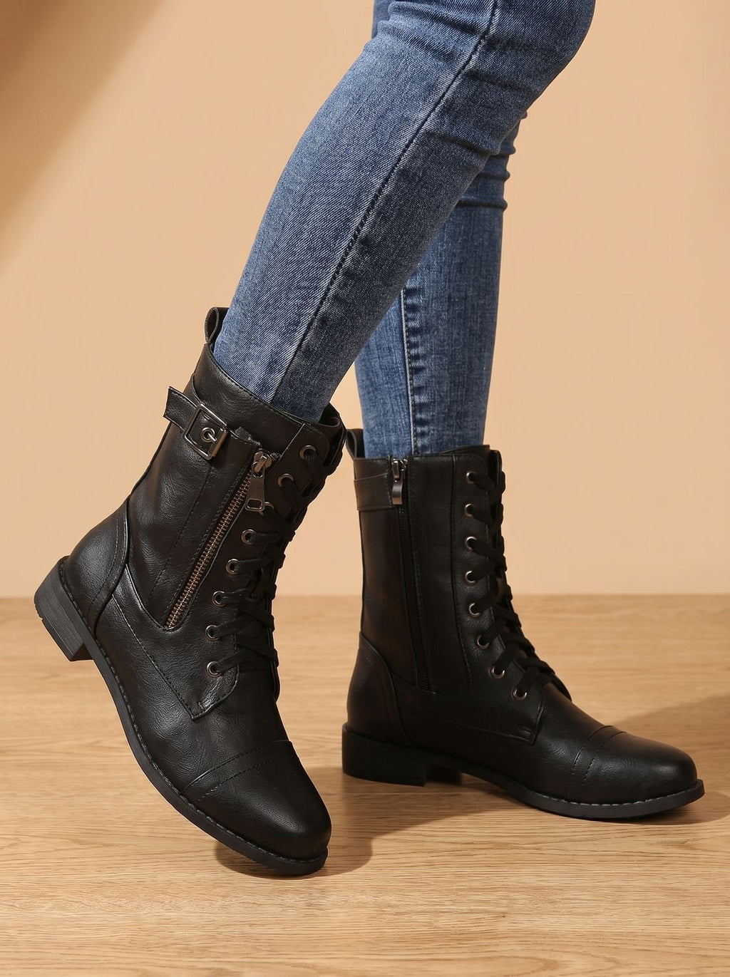 Women's Round-Toe Side-Zip Mid-Calf Combat Boots
