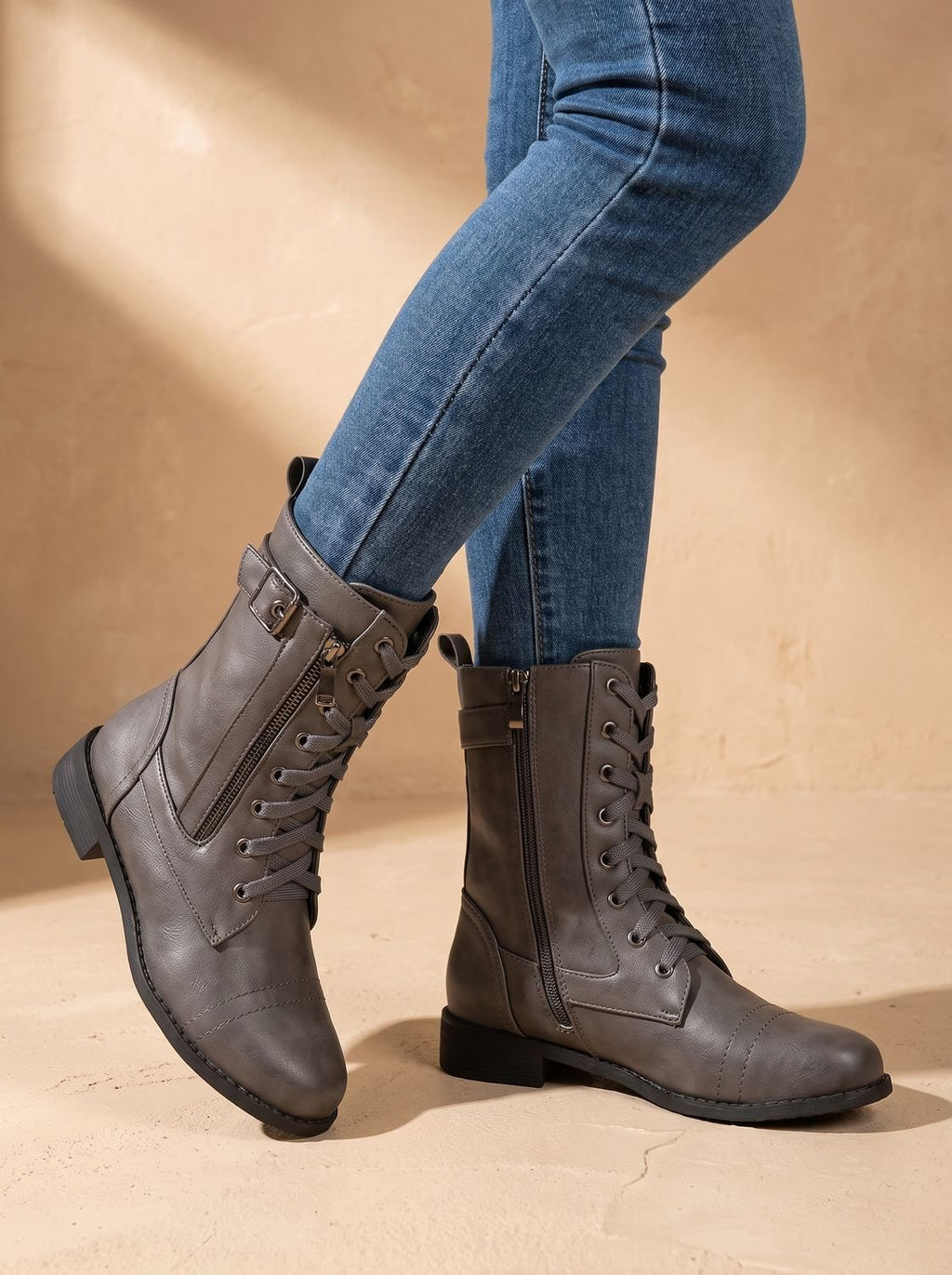 Women's Round-Toe Side-Zip Mid-Calf Combat Boots