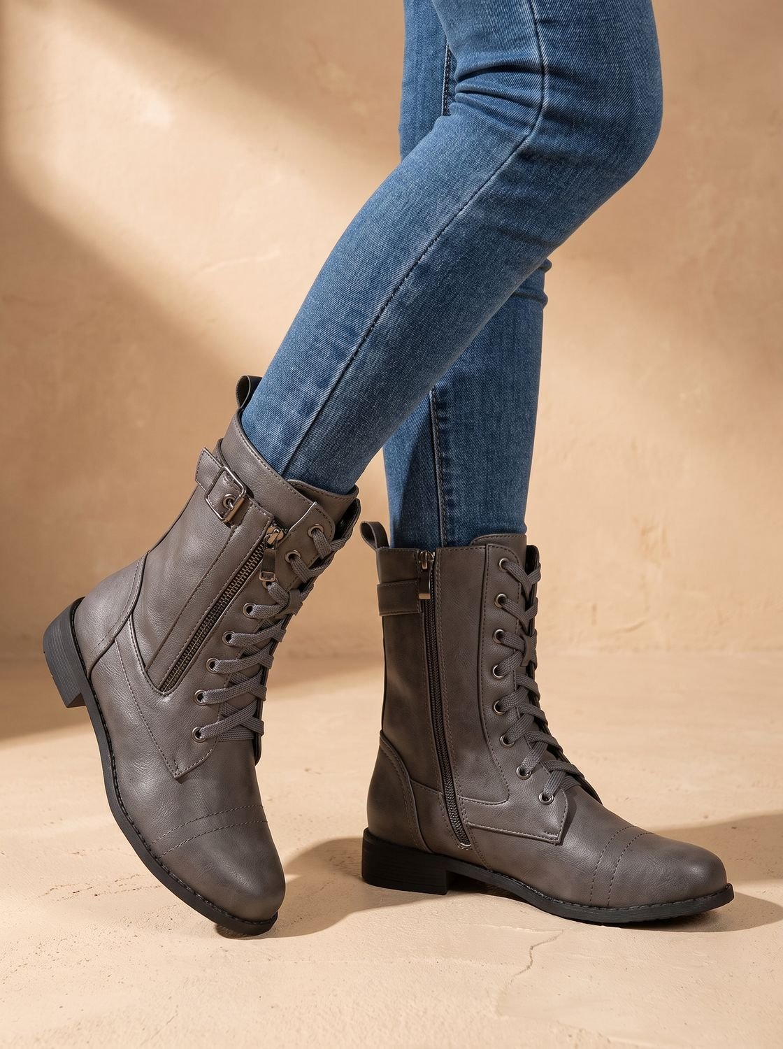 Women's Round-Toe Side-Zip Mid-Calf Combat Boots