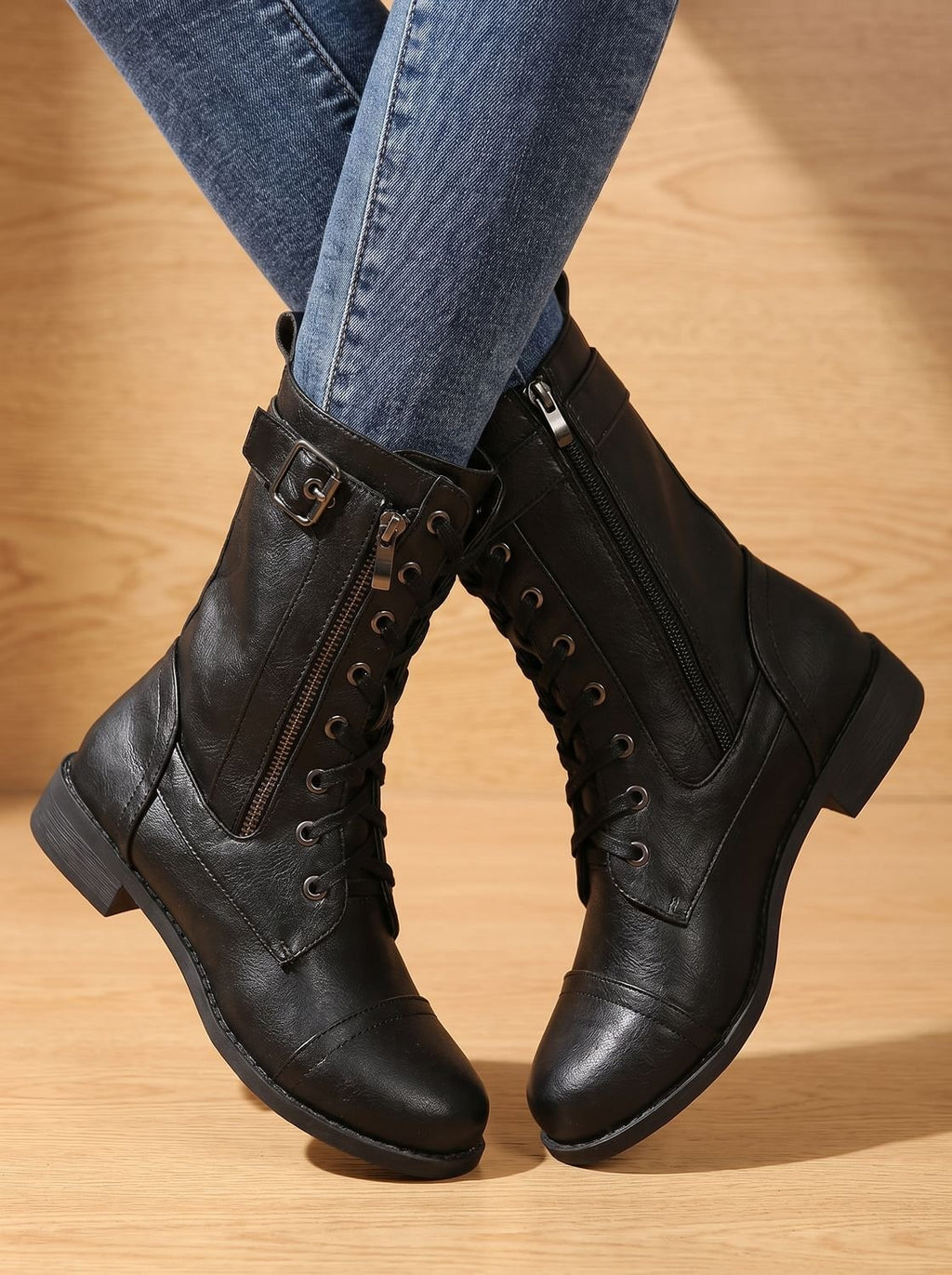 Women's Round-Toe Side-Zip Mid-Calf Combat Boots