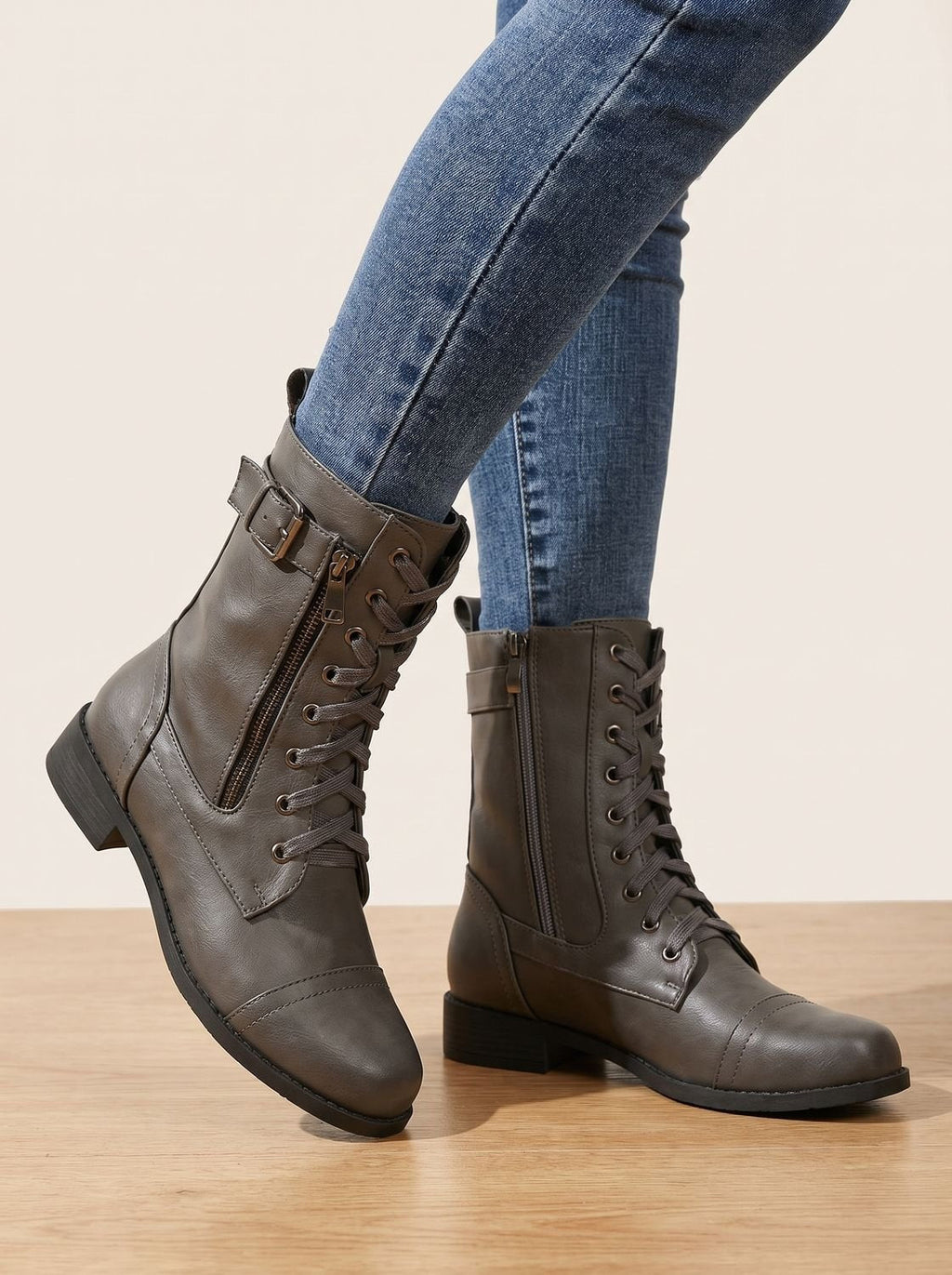 Women's Round-Toe Side-Zip Mid-Calf Combat Boots