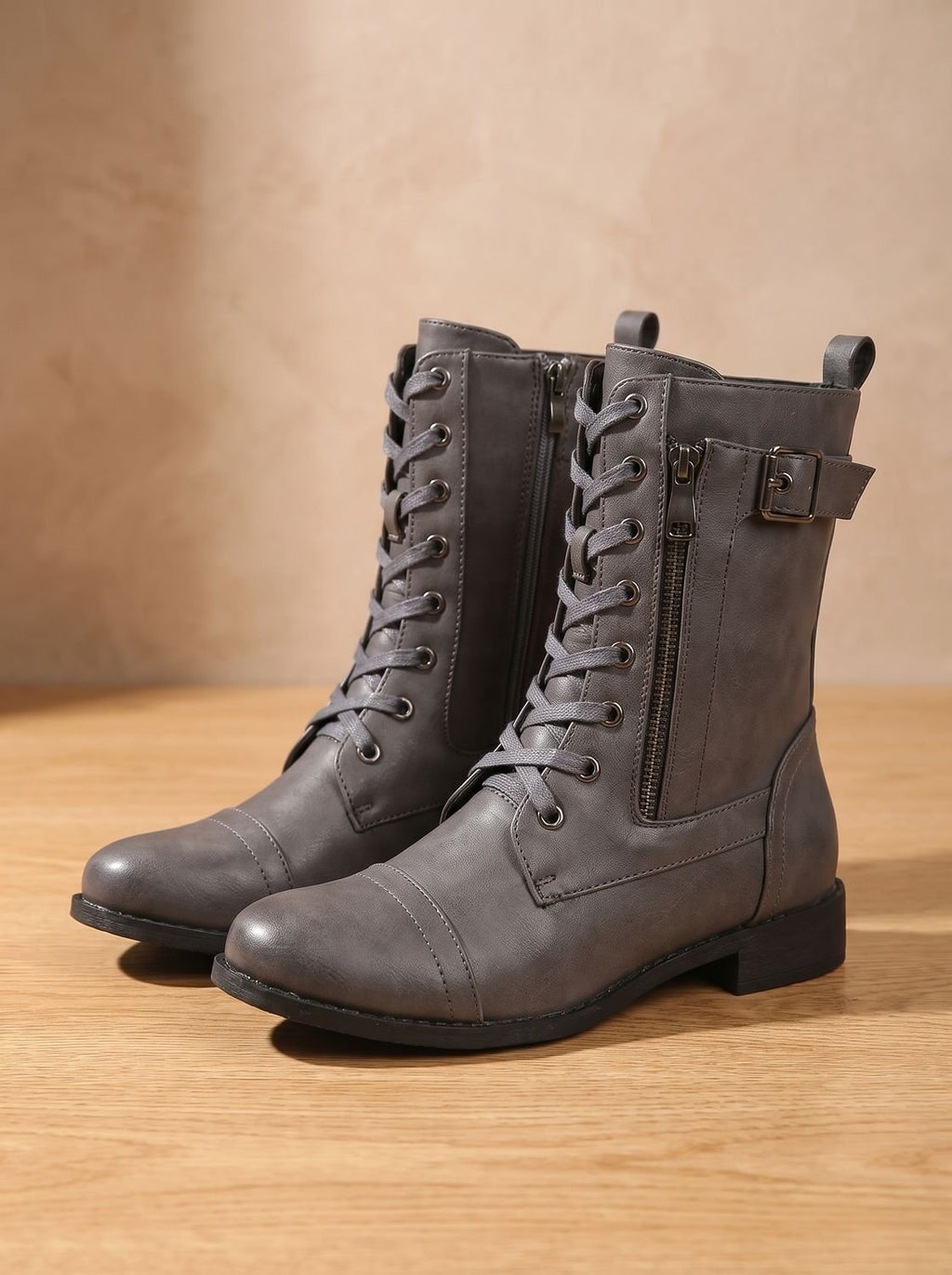 Women's Round-Toe Side-Zip Mid-Calf Combat Boots