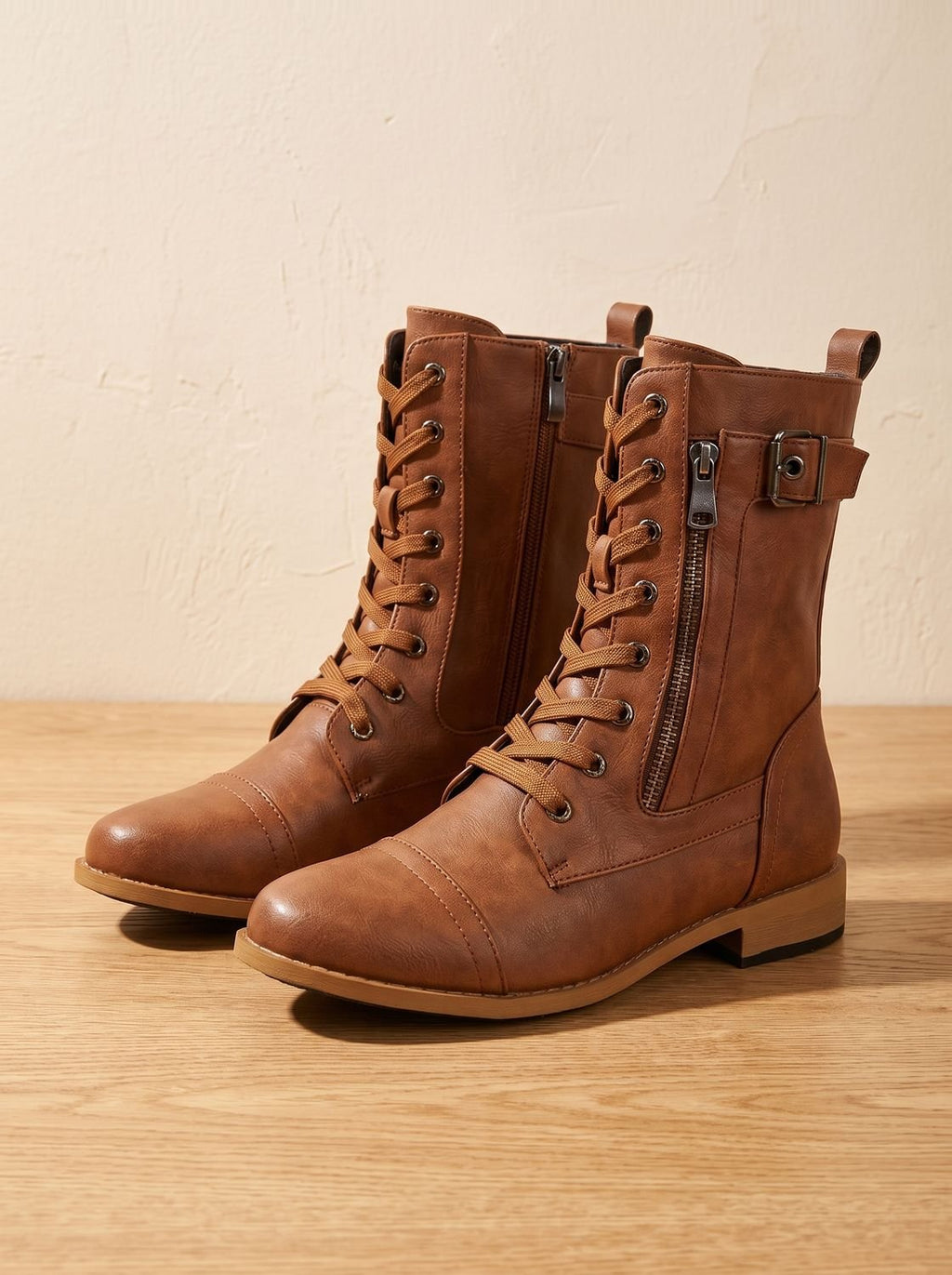 Women's Round-Toe Side-Zip Mid-Calf Combat Boots