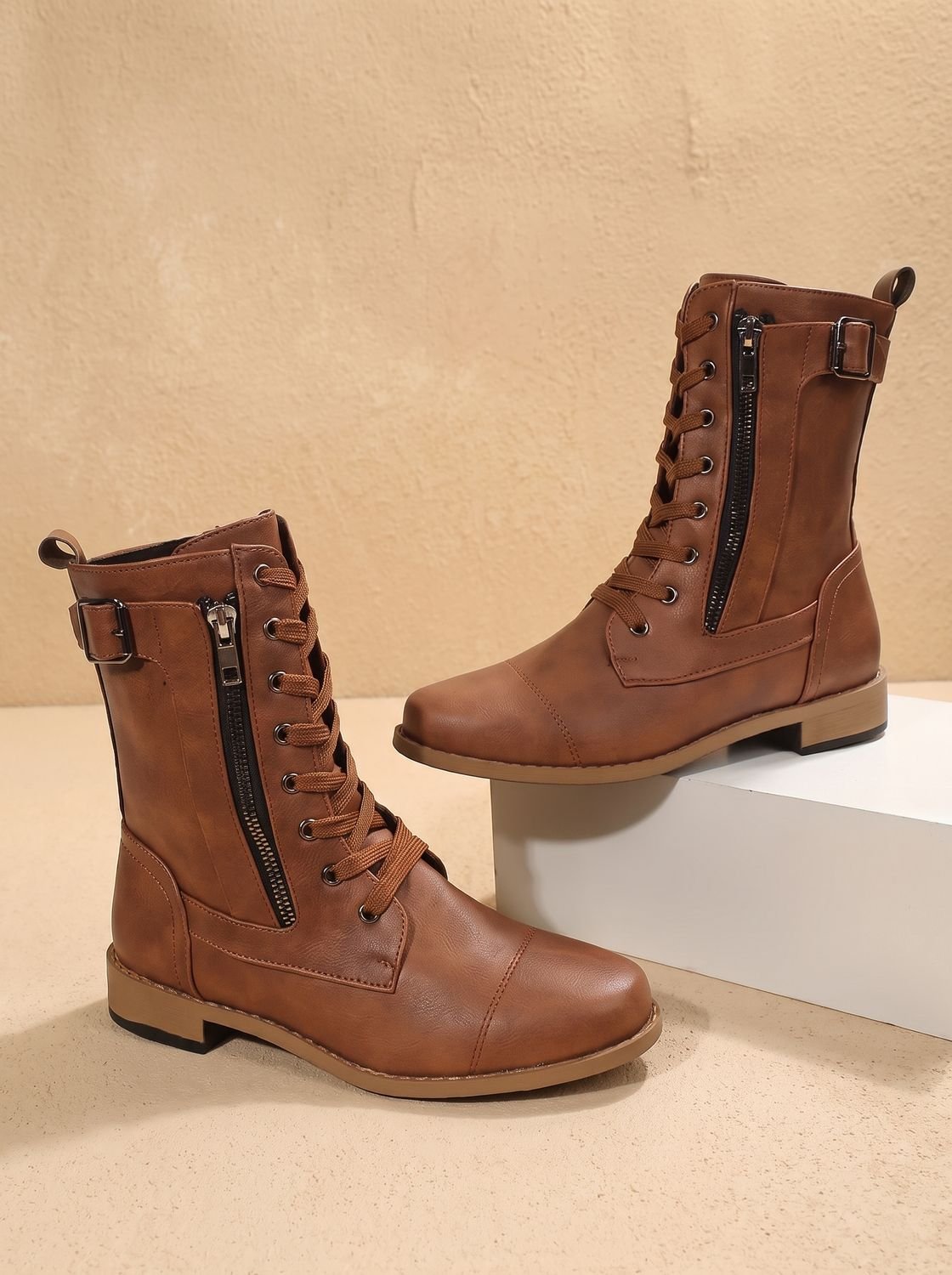 Women's Round-Toe Side-Zip Mid-Calf Combat Boots