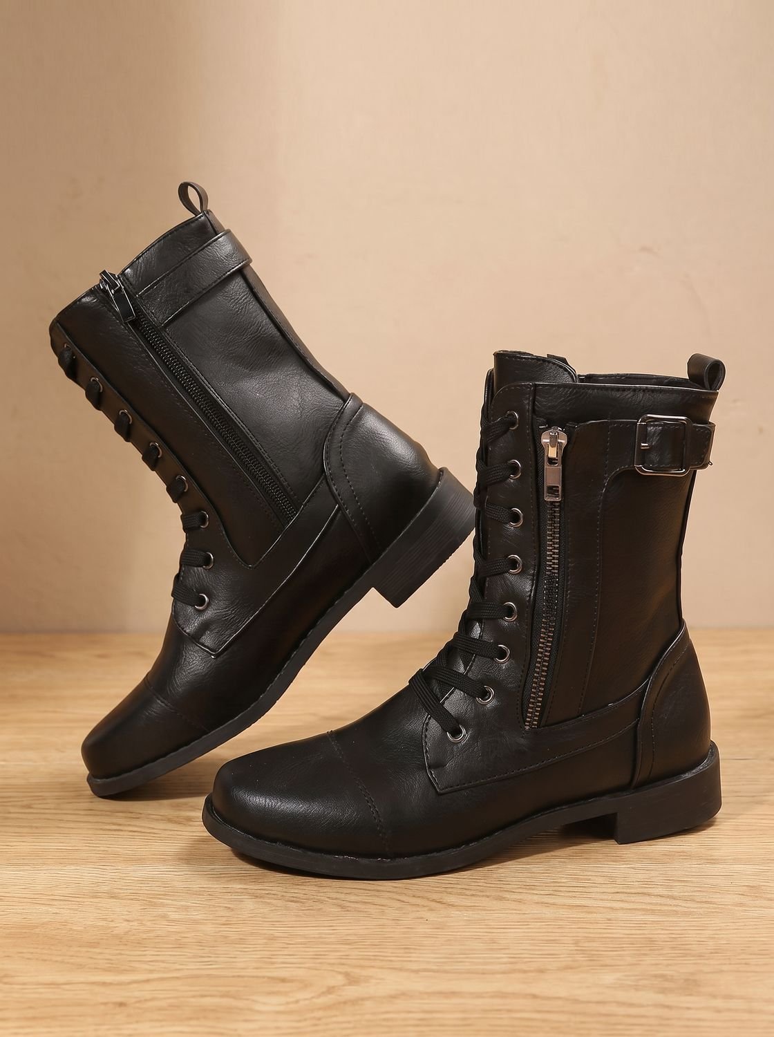 Women's Round-Toe Side-Zip Mid-Calf Combat Boots