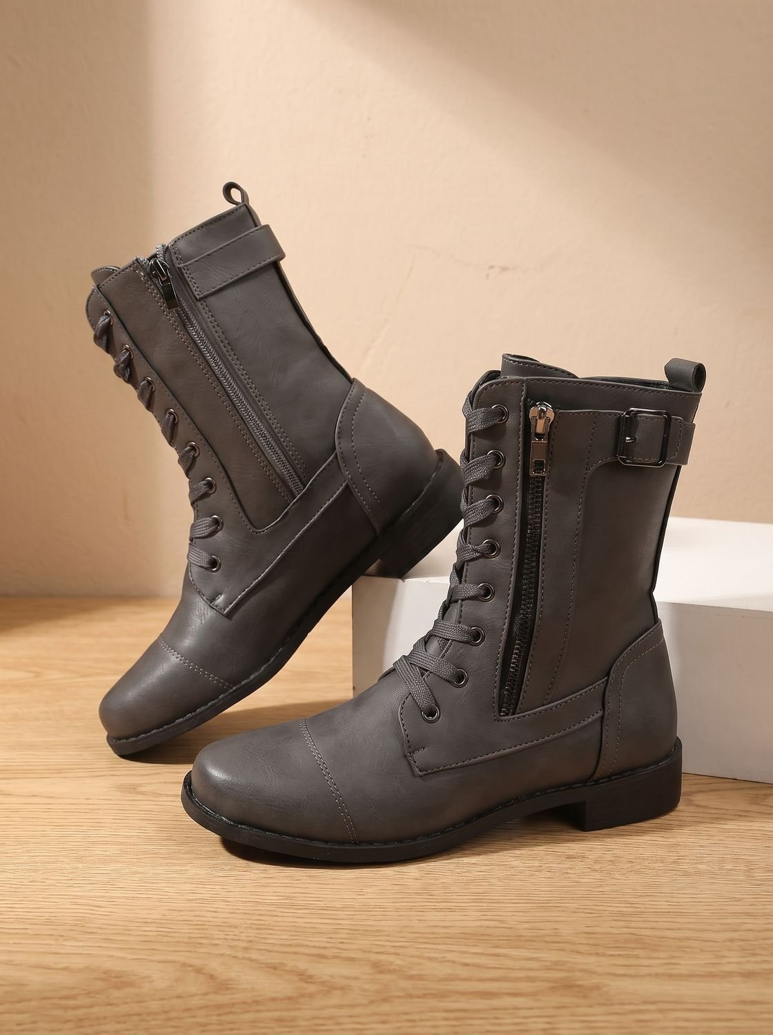 Women's Round-Toe Side-Zip Mid-Calf Combat Boots