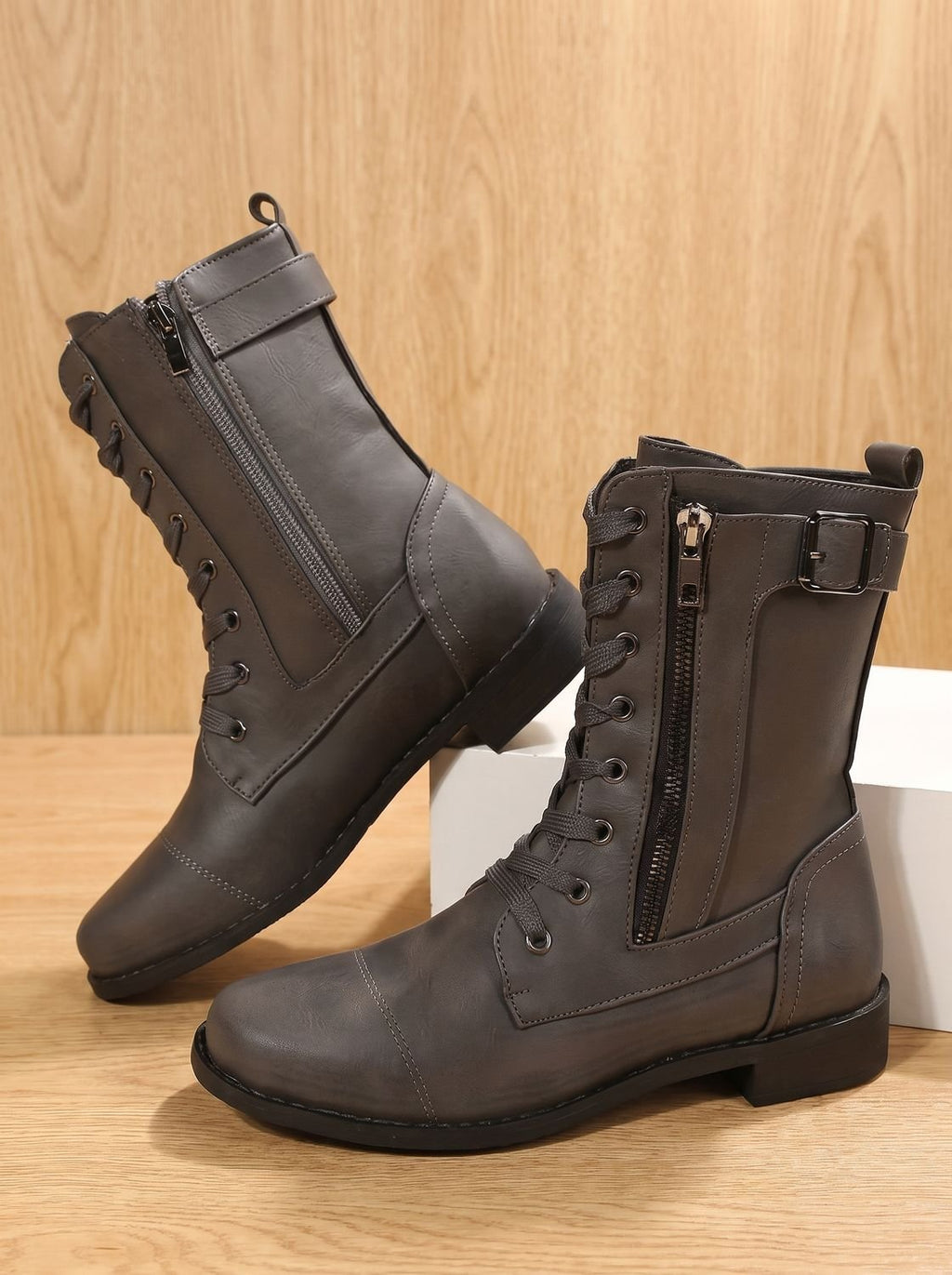 Women's Round-Toe Side-Zip Mid-Calf Combat Boots - Gray