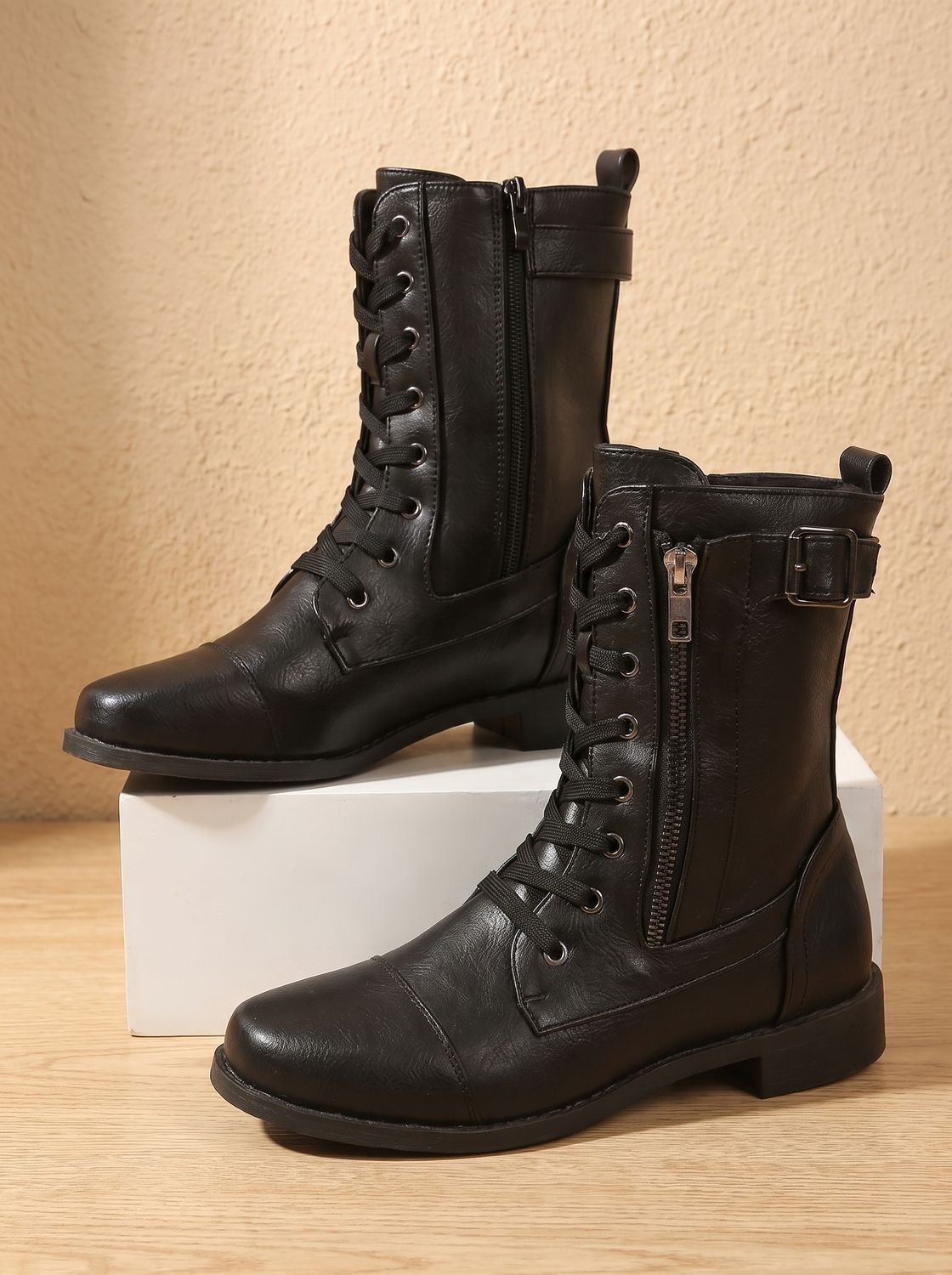 Women's Round-Toe Side-Zip Mid-Calf Combat Boots