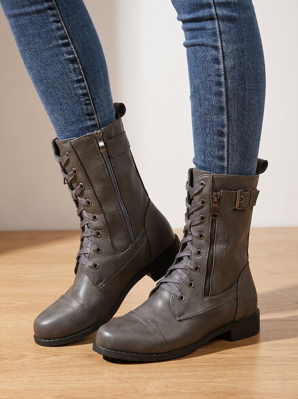 Women's Round-Toe Side-Zip Mid-Calf Combat Boots - Brown