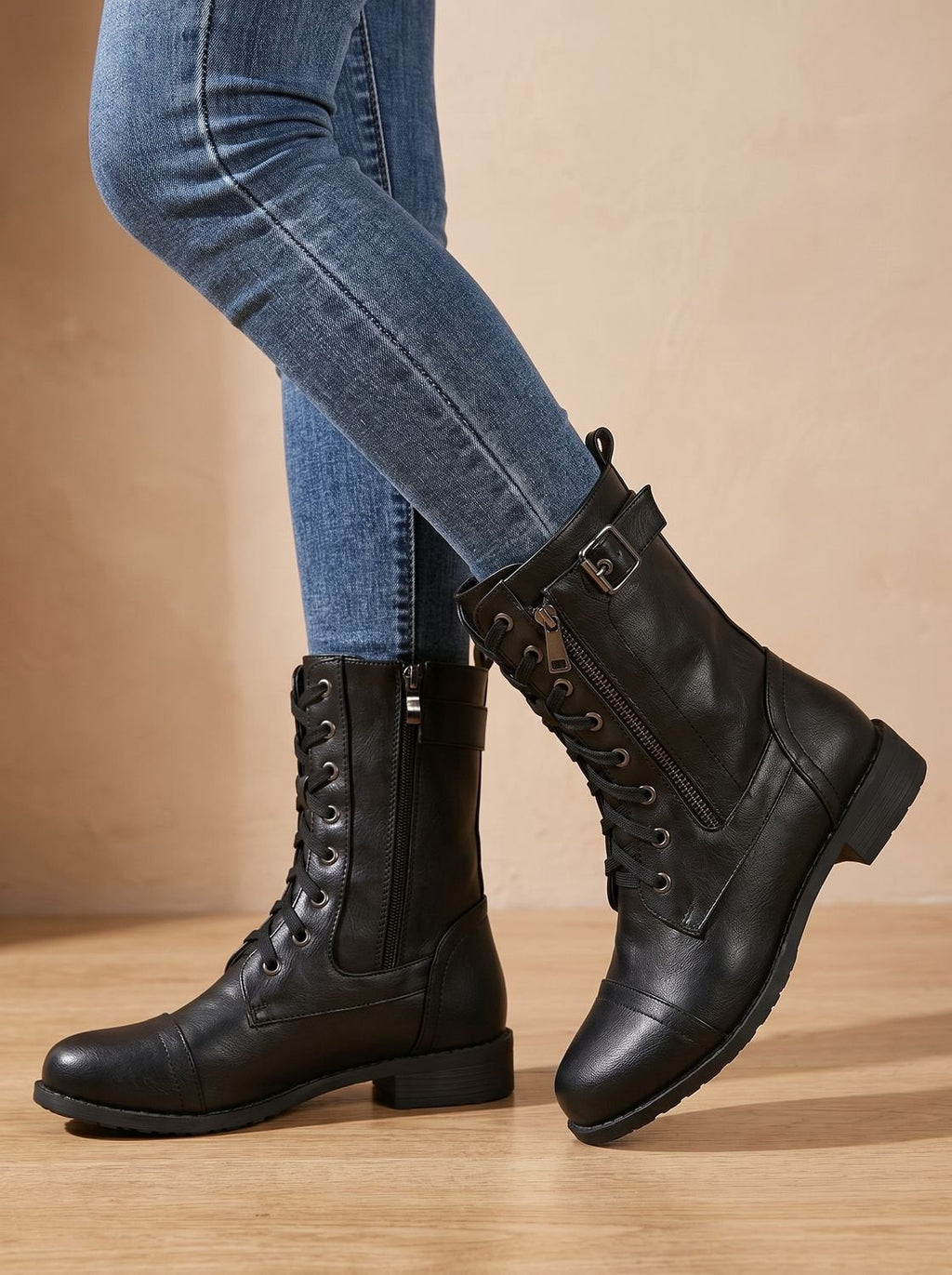 Women's Round-Toe Side-Zip Mid-Calf Combat Boots