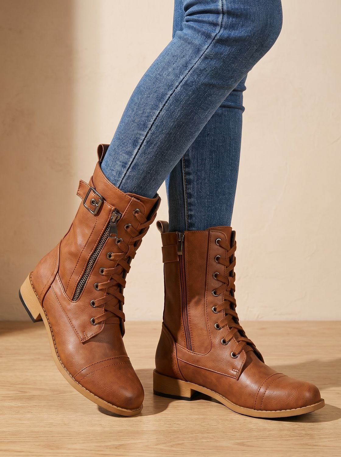 Women's Round-Toe Side-Zip Mid-Calf Combat Boots