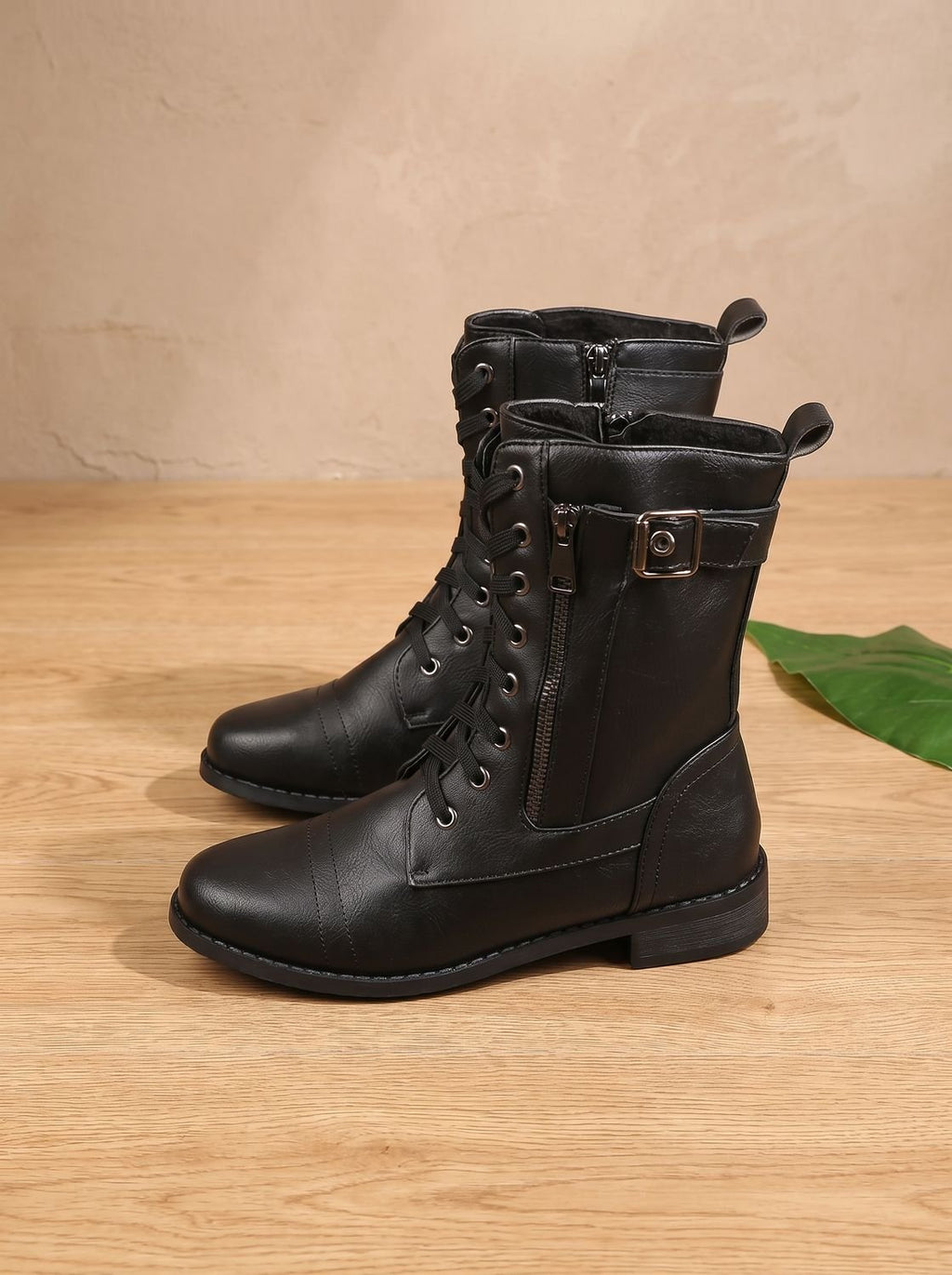 Women's Round-Toe Side-Zip Mid-Calf Combat Boots