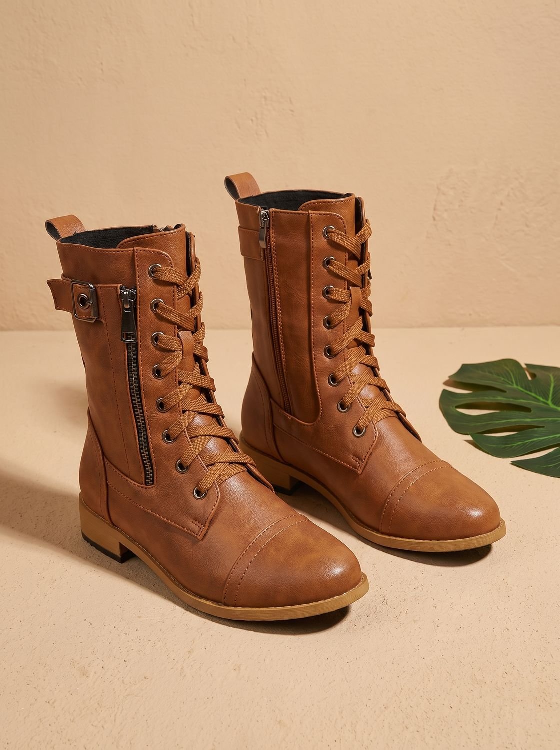 Women's Round-Toe Side-Zip Mid-Calf Combat Boots