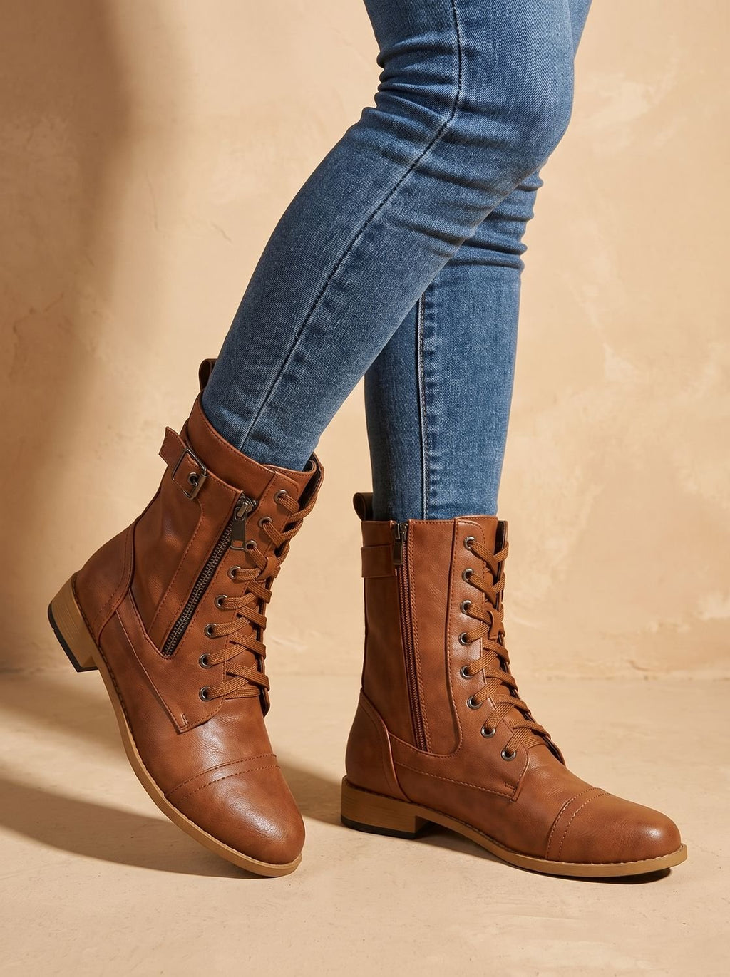 Women's Round-Toe Side-Zip Mid-Calf Combat Boots