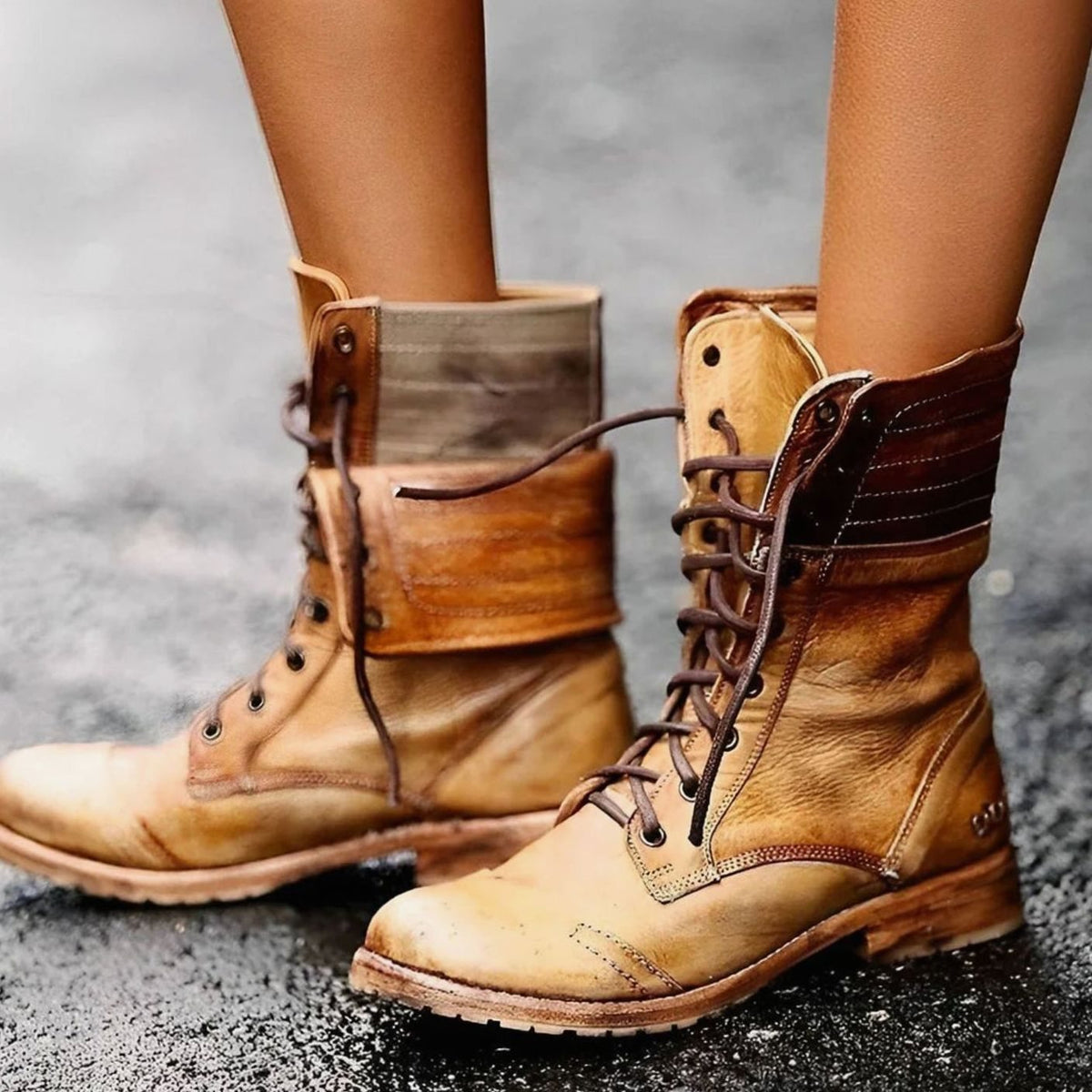 Women's Distressed Foldover Cuff Combat Boots - Khaki