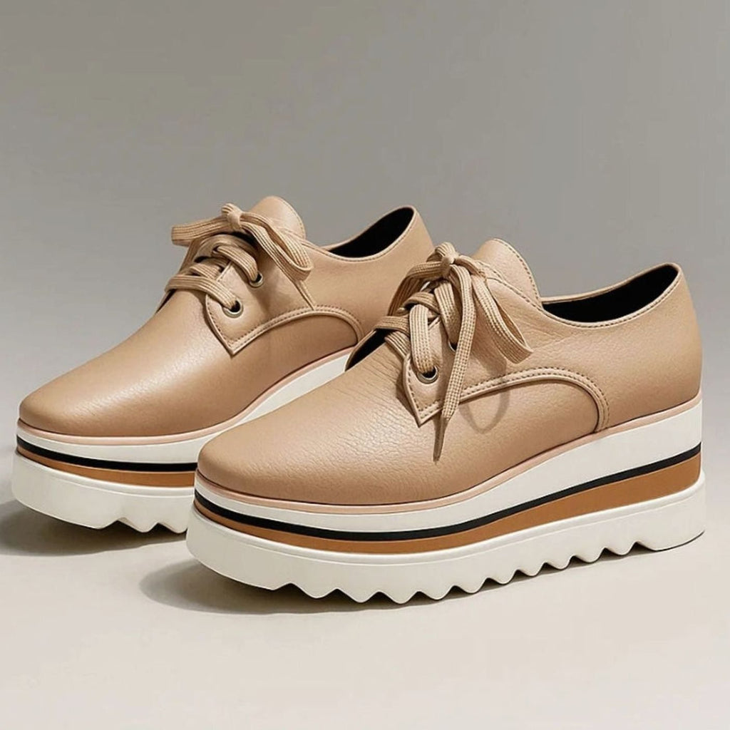 Women's Lace-Up Platform Oxford Sneakers with Square Toe - Beige