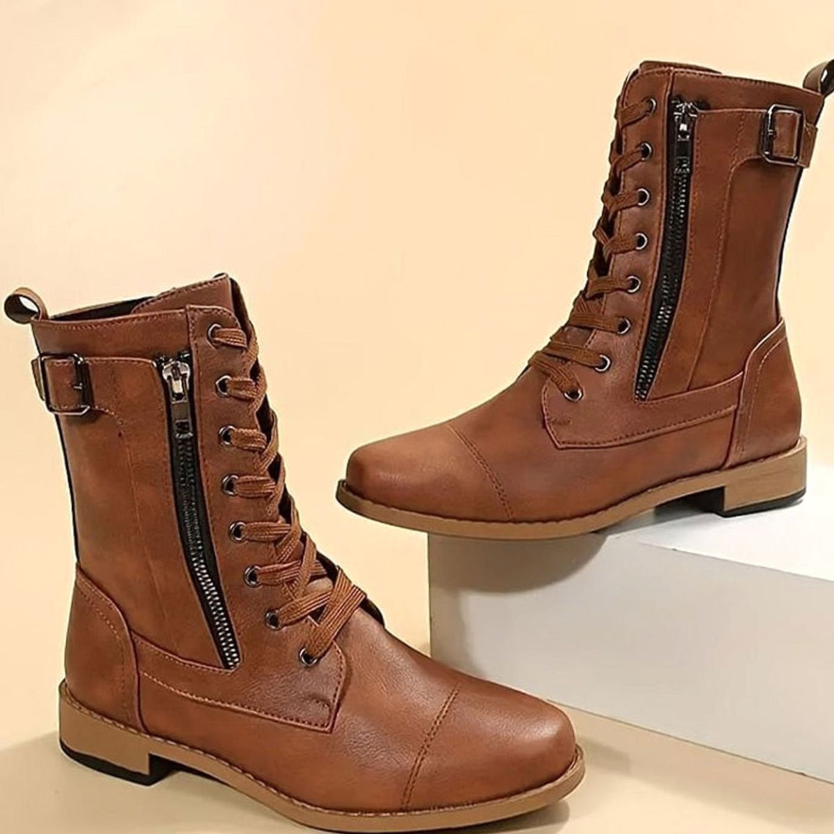 Women's Mid-Calf Faux Leather Combat Boots - Brown