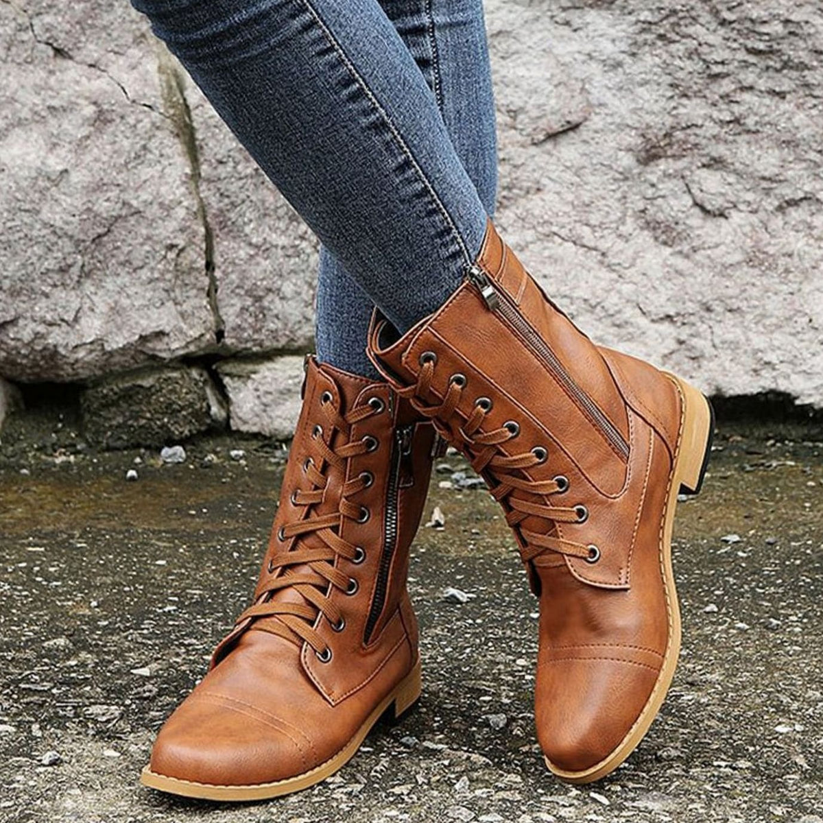 Women's Mid-Calf Faux Leather Combat Boots