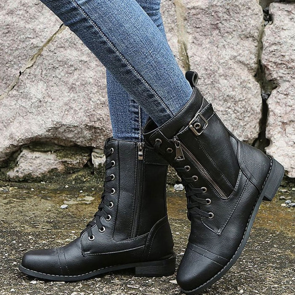 Women's Mid-Calf Faux Leather Combat Boots
