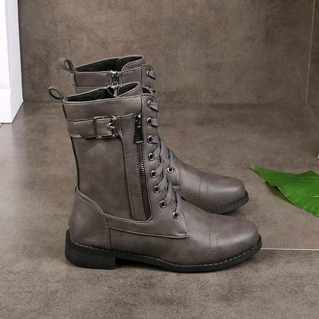 Women's Mid-Calf Faux Leather Combat Boots