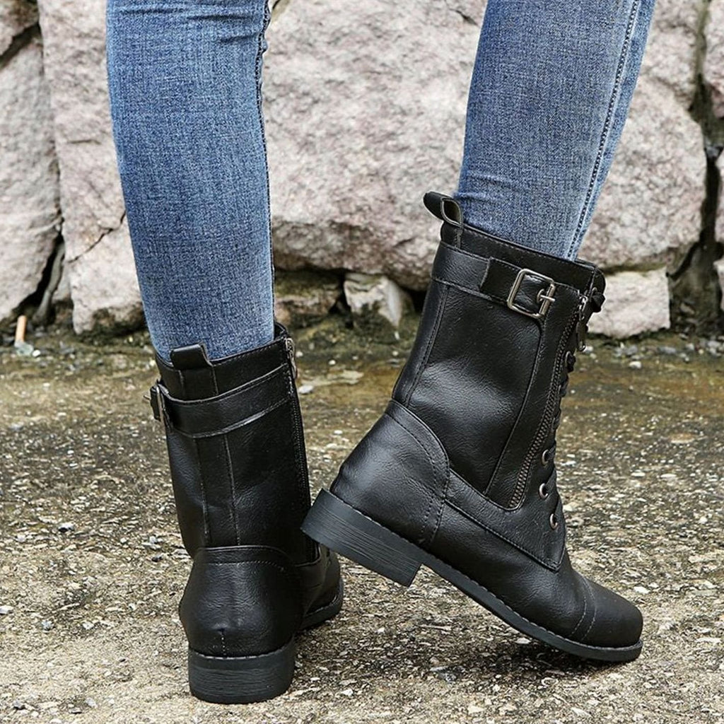 Women's Mid-Calf Faux Leather Combat Boots